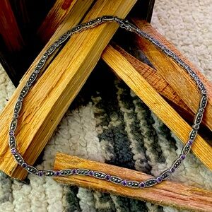 vintage sterling, amethyst & marcasite thick necklace double security clasps